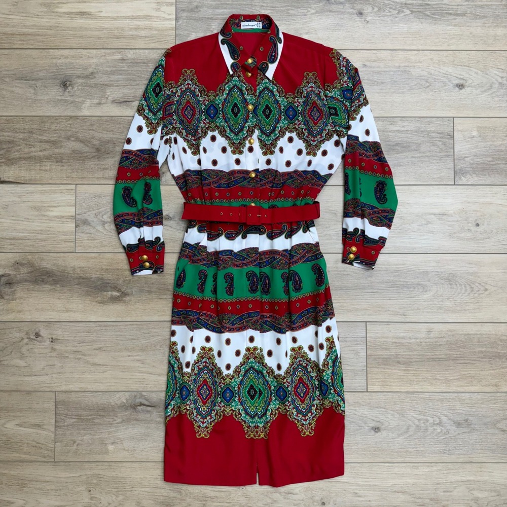 Vintage 80s Schneburger Paisley Print Shirt Dress W Belt Christmas Holiday READ